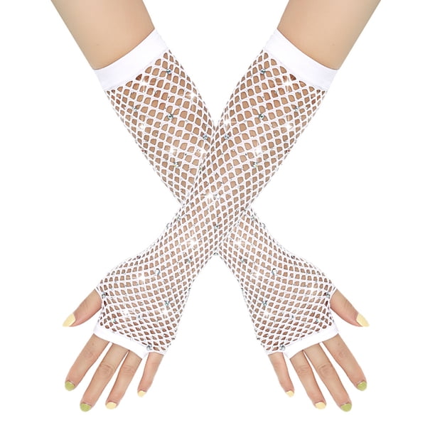 Xiao Hua Guantes de red sin dedos para mujer, largos, de malla, con mangas de red, estilo años 80, para disfraz de Halloween, color blanco