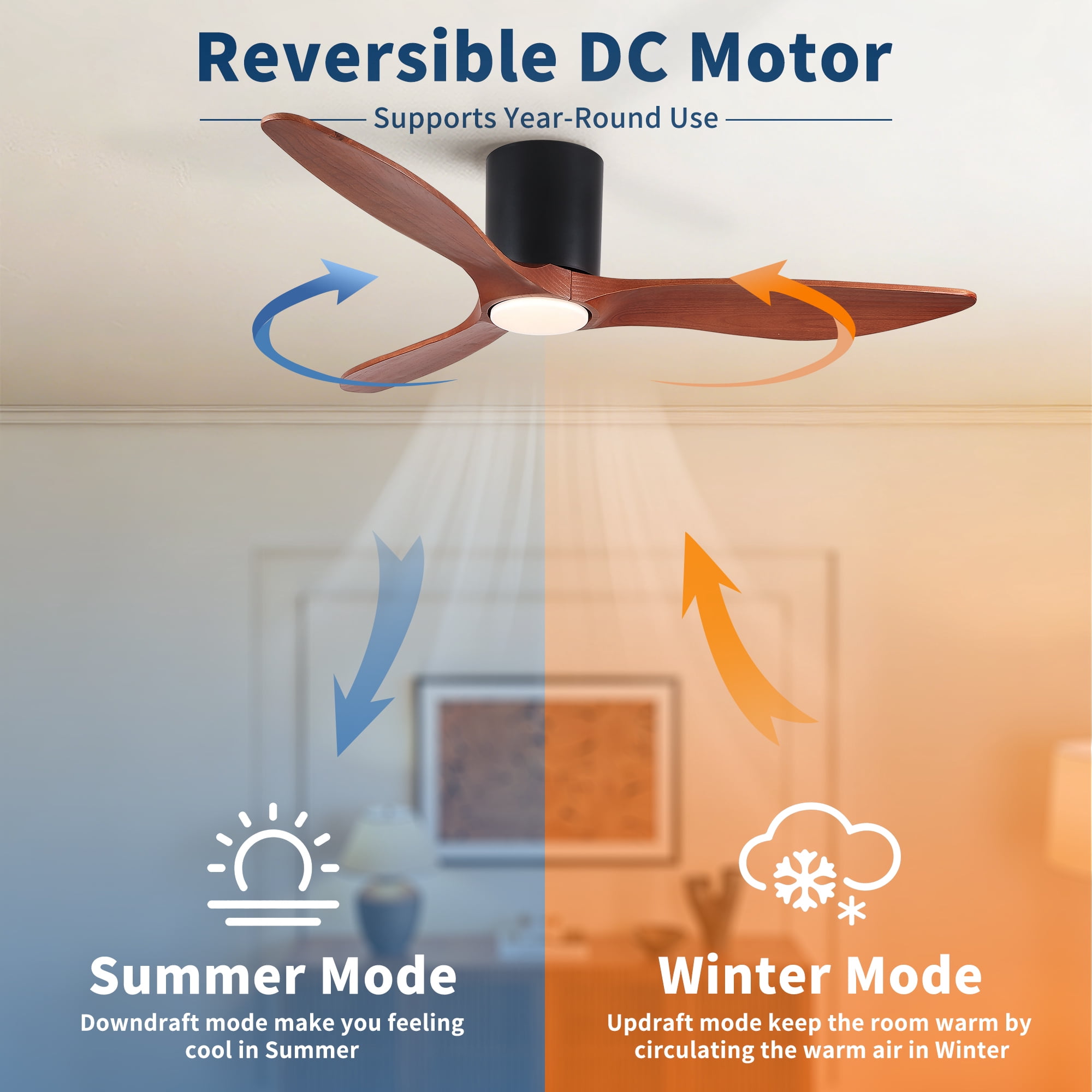 Leumius 52" Mordern Farmhouse Retro Solid Wood Low Profile Flush Mount Ceiling Fan with Light and Reversible Quiet Motor for Living Room Bedroom