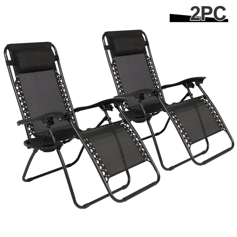 Pool Lounge Chairs Set of 2, Zero Gravity Folding Patio Chairs with Cup