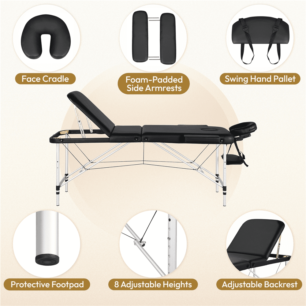 Renwick Portable Adjustable Massage Table with Metal Legs, Black