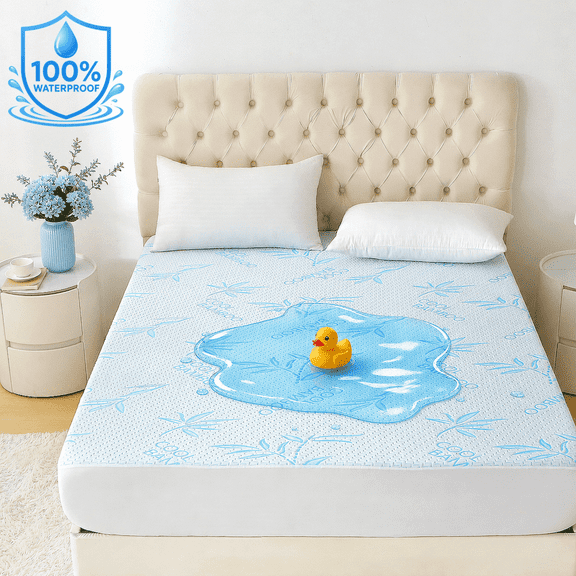 Yalamila Waterproof Mattress Protector Queen Size, Cooling Bamboo Viscose Soft Breathable Noiseless Bed Cover with 8''21'' Deep Pocket
