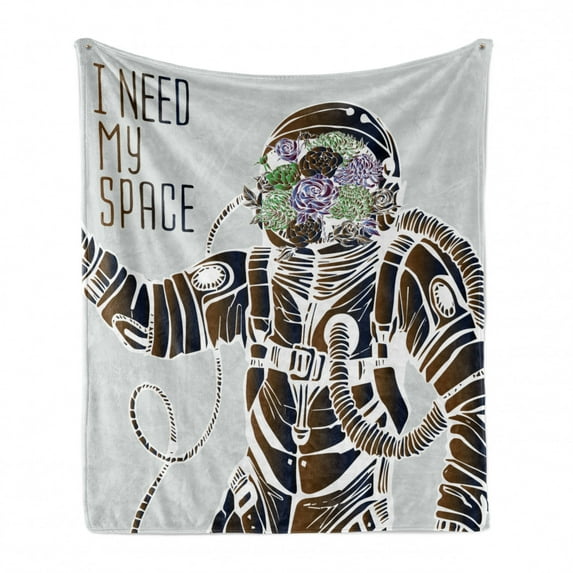 Outer Space Soft Flannel Fleece Throw Blanket, Funny Love Words with a Floral Head Cosmonaut Pilot Man Humor Illustration, Cozy Plush for Indoor and Outdoor Use, 50" x 70", Multicolor, by Ambesonne