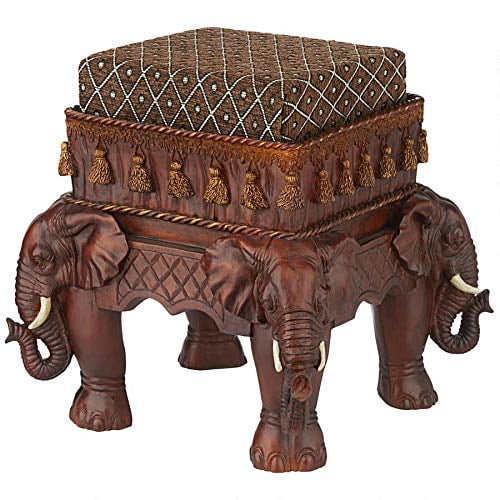 Design Toscano Maharajah Elephants Indian Decor Upholstered Footstool, 13 Inch, Woodtone