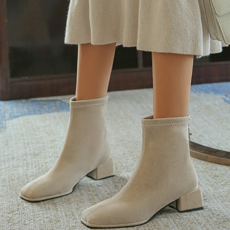 

Ankle Boots Ladies Fashion Solid Color Flock Square Toe Warm Thick High Heel Short Boots