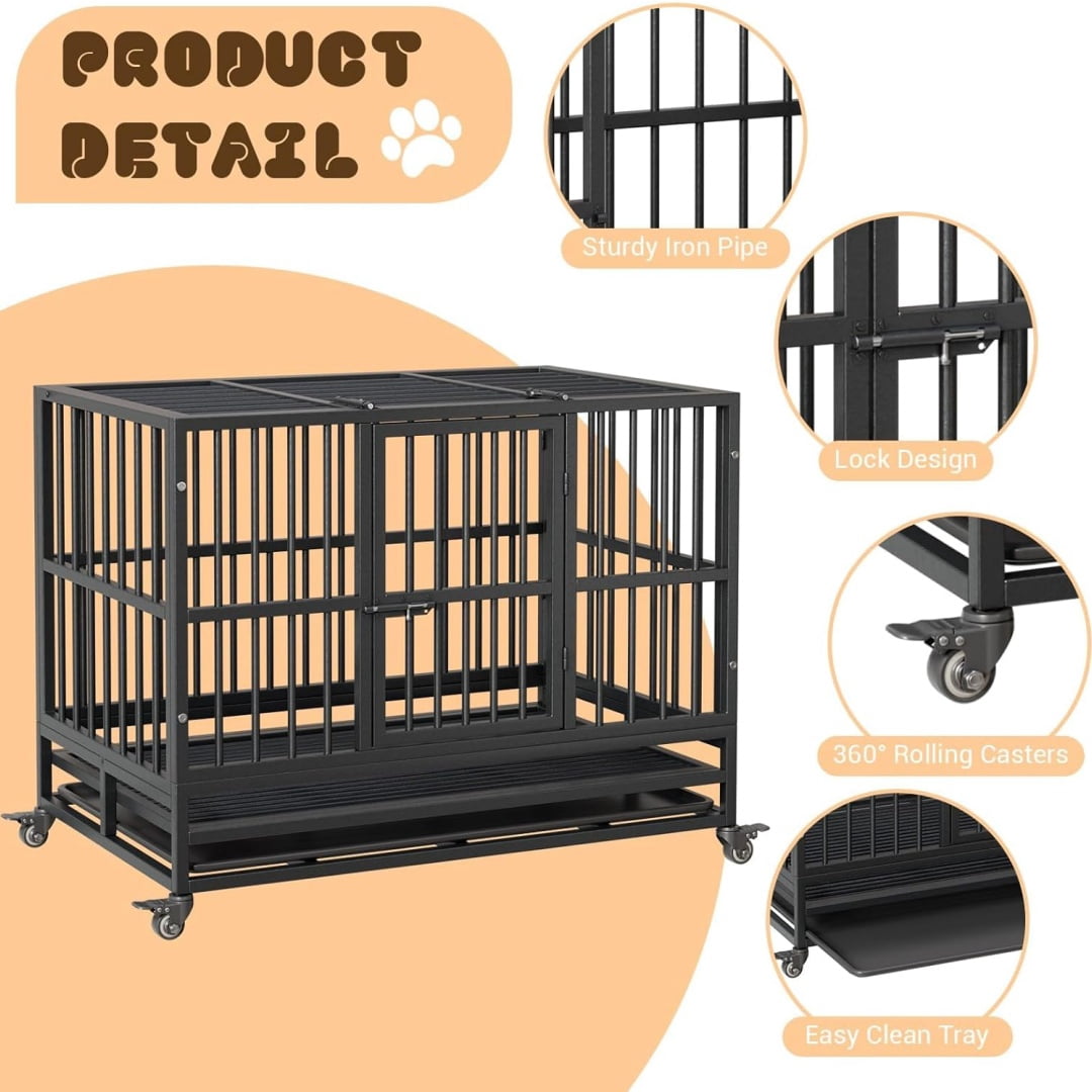 Heavy Duty Indestructible Dog Crate, Escape Proof Dog Cage with Double Door, Wheels & Removable Tray, Collapsible Dog Crates for Small Medium Large Dogs