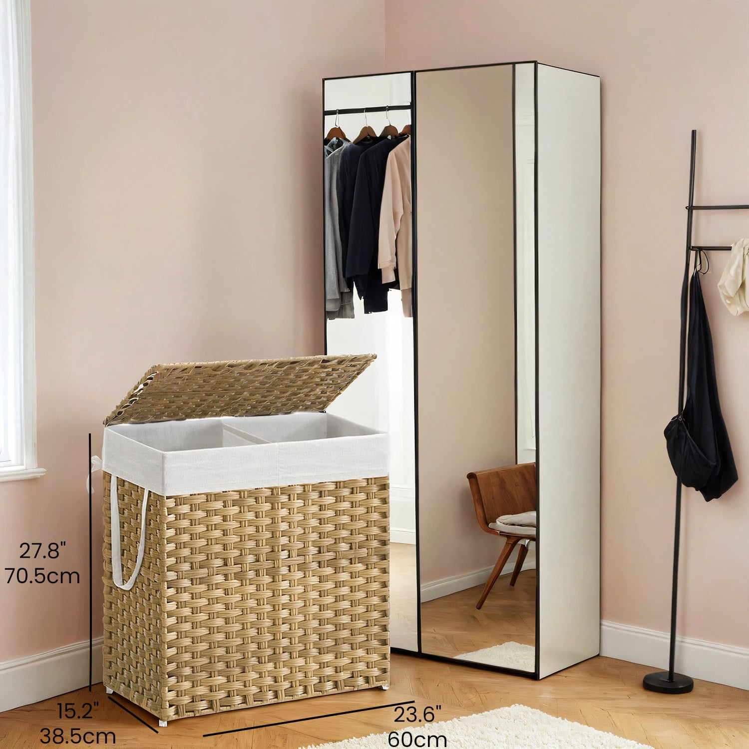 Double-Section Laundry Hamper with Lid & 6 Mesh Bags – 110L Capacity, Removable Washable Liners, Sturdy Steel Frame & Rattan for Bathroom，Home – Natural