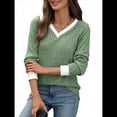 thumbnail image 2 of Camisas de Larga con Cuello en V y Bloques de Color para Mujer: Suéteres Túnica Ligeros Informales de Otoño, Conjuntos de Moda. Verde M, 2 of 10