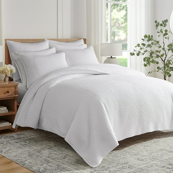 Levtex Home - Cross Stitch Quilt Set - 100% Cotton - King Quilt (106x92in.) + 2 King Shams (36x20in.) - Bright White