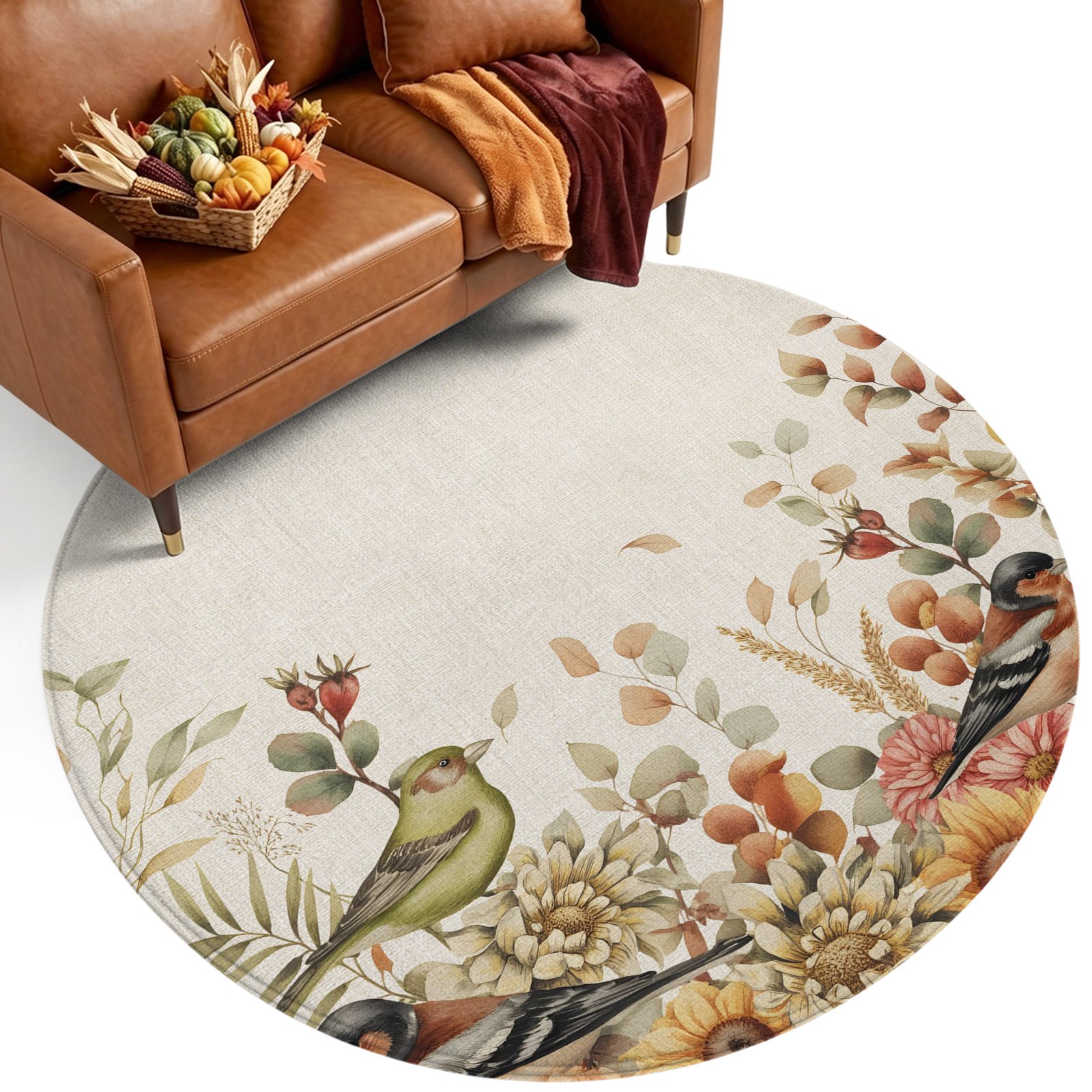 4ft Soft Round Area Rugs Vintage Autumn Country Flowers Indoor Carpet for Living Room Bedroom Nursery Washable Circle Floor Mats Farm Bird on Linen Decor