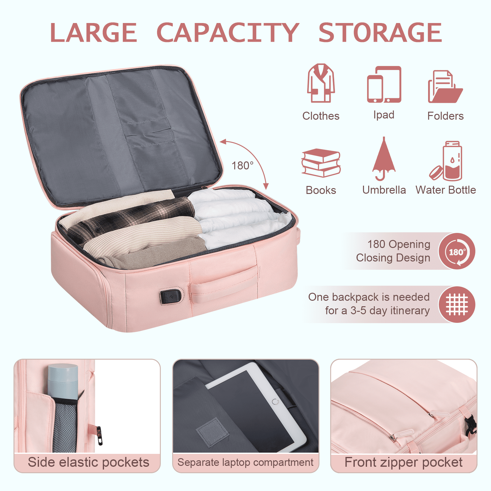 35L Travel Backpack, Carry on Luggage for Airplanes with 2 Packing Cubes, 15.6 inch Personal Item Travel Bag, Expandable Backpack with USB Charging Port & Shoe Pocket for Travel, Work,Pink