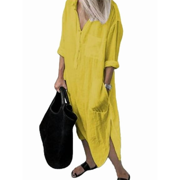 Womens Casual Loose Cotton Linen Long Shirt Dress Lapel Button Cuffed Sleeve Side Split Dresses with Pockets Yellow XL