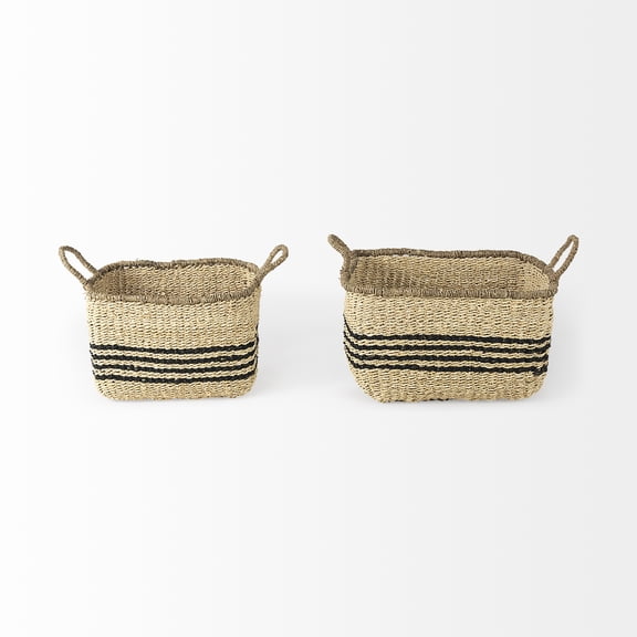 Mercana Emma Light Brown Seagrass Rectangular Basket W/ Black Stripes (Set Of 2)