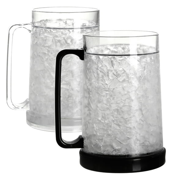 Rezlli Double Wall Gel Frosty Freezer Ice Mugs Clear 16oz Set of 2 (Black and White)