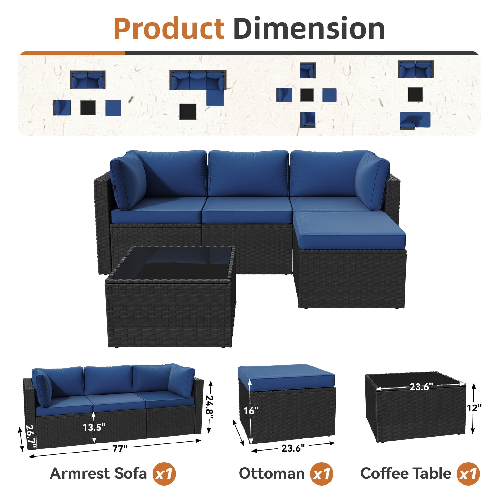 Clouddwell 5 Pieces Patio Furniture Set, All-Weather Wicker Rattan Patio Sectional Sofa Set with Coffee Table (Navy Blue)