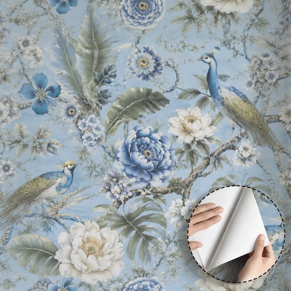 Blue Peony Peacock Wallpaper Vintage Rustic Boho Peel and Stick Wallpaper Waterproof Home Decor for Living Room Bedroom Bathroom Kitchen Cabinet Drawer Rental Property 17.7 * 118 in