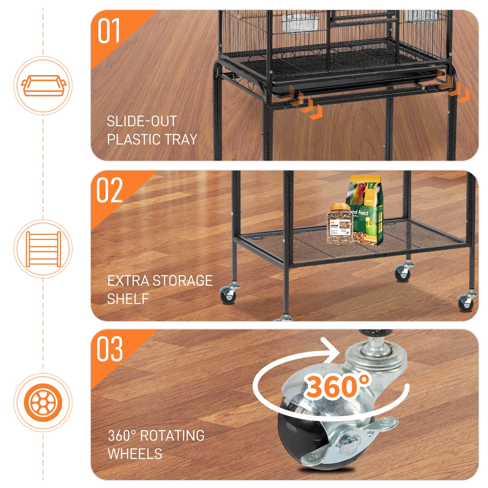 53in Large Flight Bird Cage with Rolling Stand & Storage Shelf for Parrots, Cockatiels, Lovebirds and Parakeets, Black Aviary Cage with Easy Clean Tray, Spacious Home for Small Medium Birds
