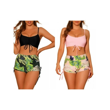 NOMADIC NOOK Women s Drawstring Push Up Bikini Sets Top  2 Pieces Tropical Print High Waist Shorts Bathing Suits Combination Set X-Small Black  Pink
