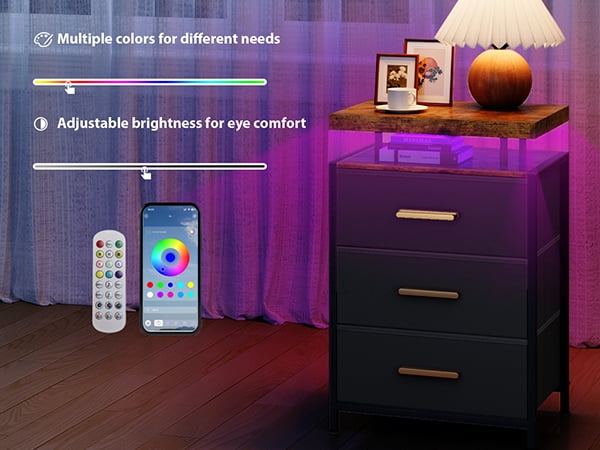 Smart LED Nightstand with 3 Drawers Modern Design Table for Bedroom, Closet, Dorm, Black