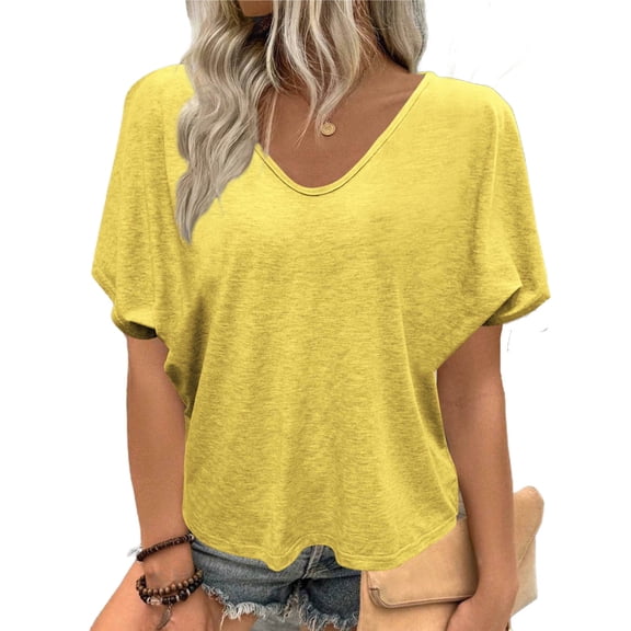 Khunlpohl Women's Short Sleeve Tshirt Solid Color V Neck Clothes Summer Loose Lounge Comfortable Breathable Shirts