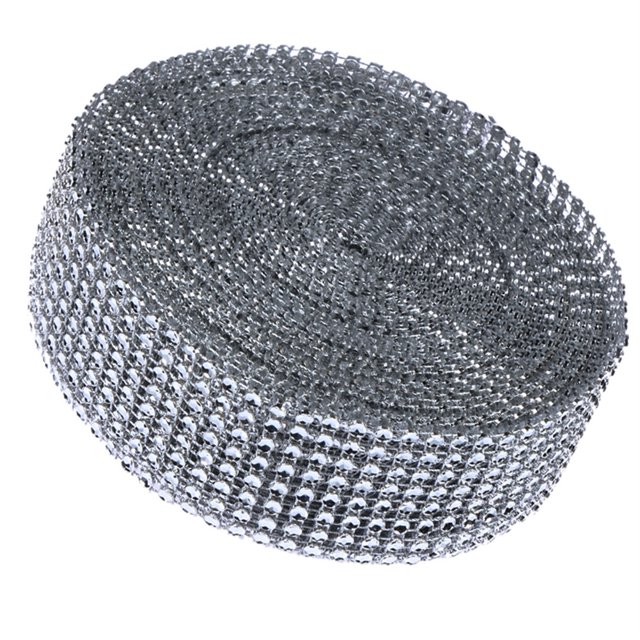 Rollo de cinta adhesiva de malla con diamantes de imitación de 8 filas, envoltura de decoración para fiesta en casa y boda, color plateado