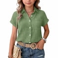 thumbnail image 5 of Girls Teen Linen Shirts Button Down Wrinkled Gauze Tops Summer Short Sleeve V Neck Blouse Beach Cotton Linen Tee,Army Green,11-12 Years, 5 of 6