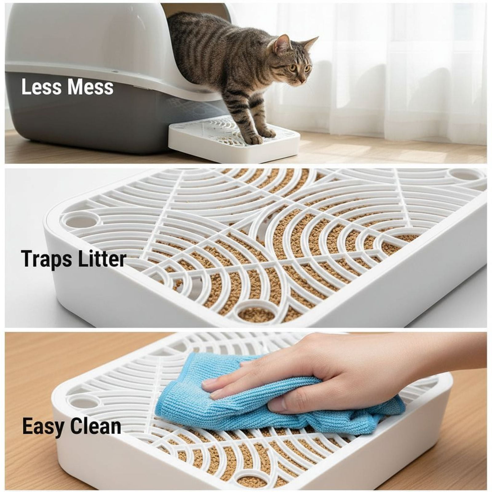 Cat Litter Mat with Filter - Washable Litter Box Ramp Traps Mess, Anti-Slip Base Prevents Tracking & Scattering, Easy Clean White Design