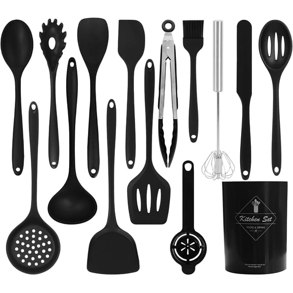 Silicone Kitchen Utensils Set 15PC Cooking Utensils Set, 600°F Heat Resistant Kitchen Gadgets Sets for Nonstick Cookware with Holder, Turner, Tongs, Whisk, Spoons, Spatulas, Brush, Black