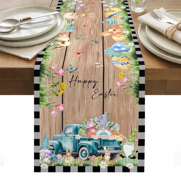 Easter Table Runner - 60 Inch Long, Kitchen Dining Table Runner Dresser Scarves, Plaid Truck Eggs Bunny Floral Gnomes Wooden Farmhouse Decor for Coffee Tables Wedding Party Banquet