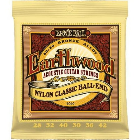 Gibson Blues Guitar Strings Ernie Ball 2069 Earthwood Folk Nylon, Clear and Gold Ball End Acoustic/Classical Guitar Strings, 28-42 ()
