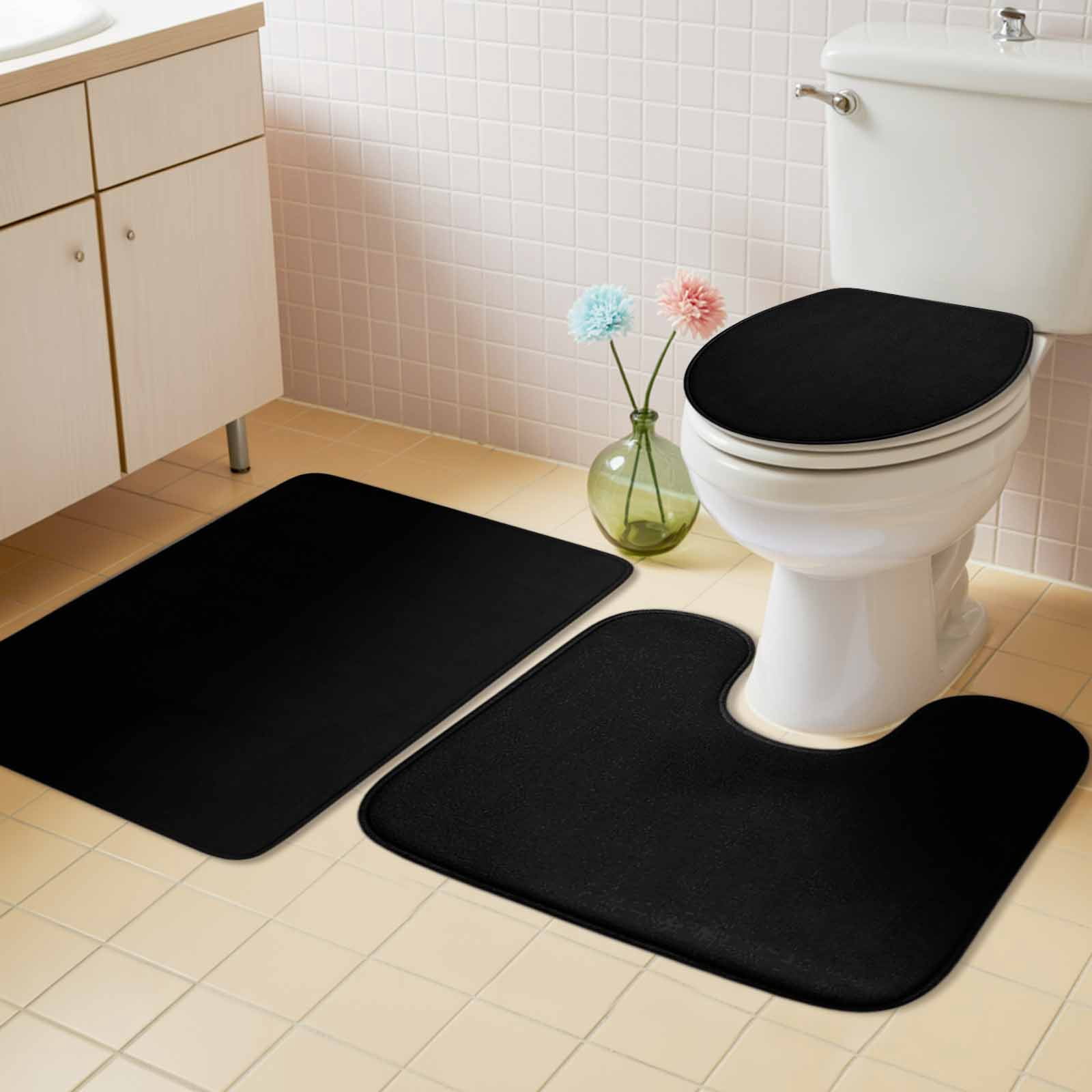 Black Bath Mat 3 Piece Bathroom Rug Set, Pure Black Non Slip Bath Rug Contour Mat and Toilet Lid Cover, Absorbent Shower Mats Soft Bath Rugs and Mats Sets