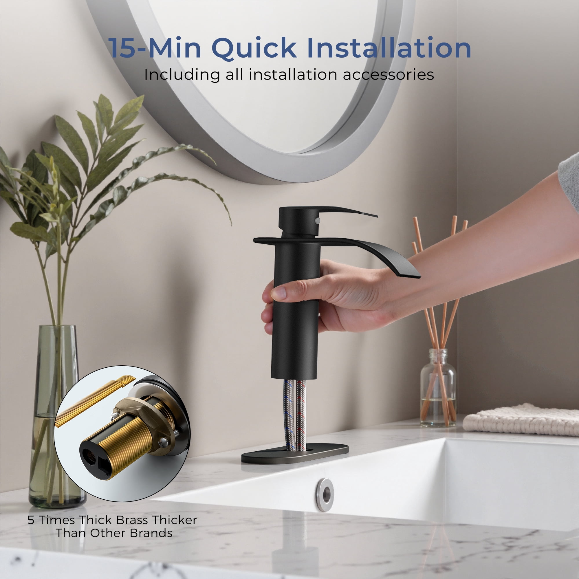 TVOFEK Waterfall Bathroom Faucet 1 or 3 Hole, Black Single Handle Bathroom Sink Faucets with Metal Pop up Drain and Deck Plate for Vanity Basin RV Lavatory