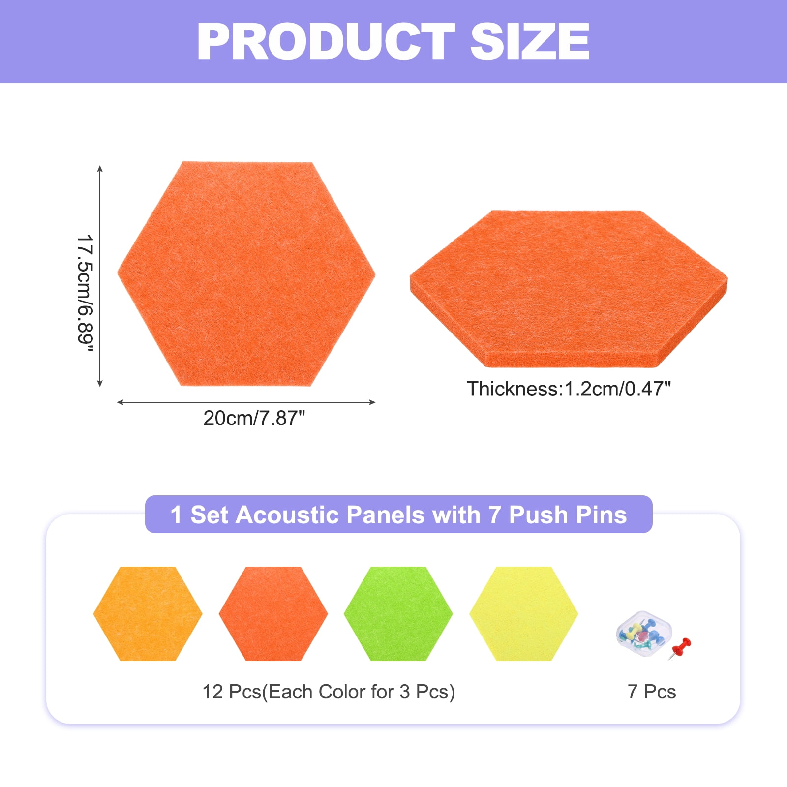 Uxcell 12 Pcs Hexagon B1 Acoustic Panels with Push Pins 7.87'' x 6.89'' Orange-Red Orange Green Lemon Yellow