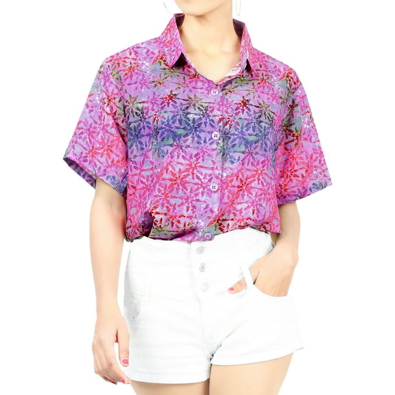 LA LEELA Hawaiian Shirts Womens Casual Summer Button Down Beach Party Blouse Shirt Collared Blouses Short Sleeve Vacation Dress Tee Shirts for Women M Floral, Autumn Pink