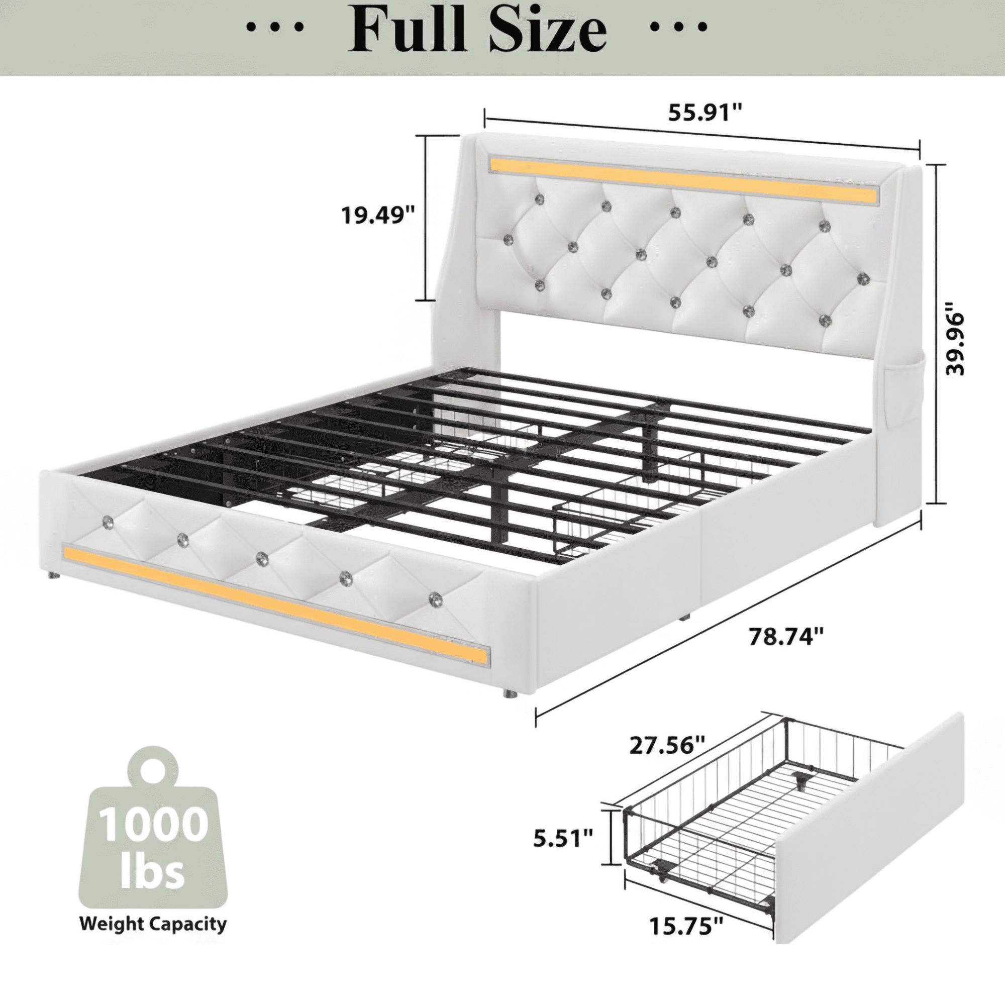 Gewnee Full Size Bed Frame with Storage Drawers & Charging Station,PU Upholstered Platform Bed with Button Wingback Headboard and Side Pocket,LED Bed Frame,No Box Spring Needed.White