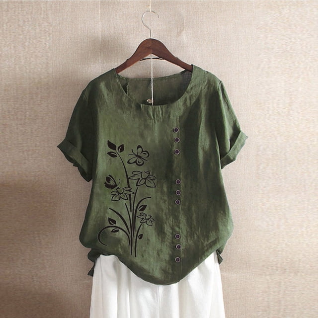 Fiudx Liquidación de Ahorros de Verano Camiseta de Verano con Cuello Redondo y Manga Corta para Mujer, Informal, con Botones Impresos