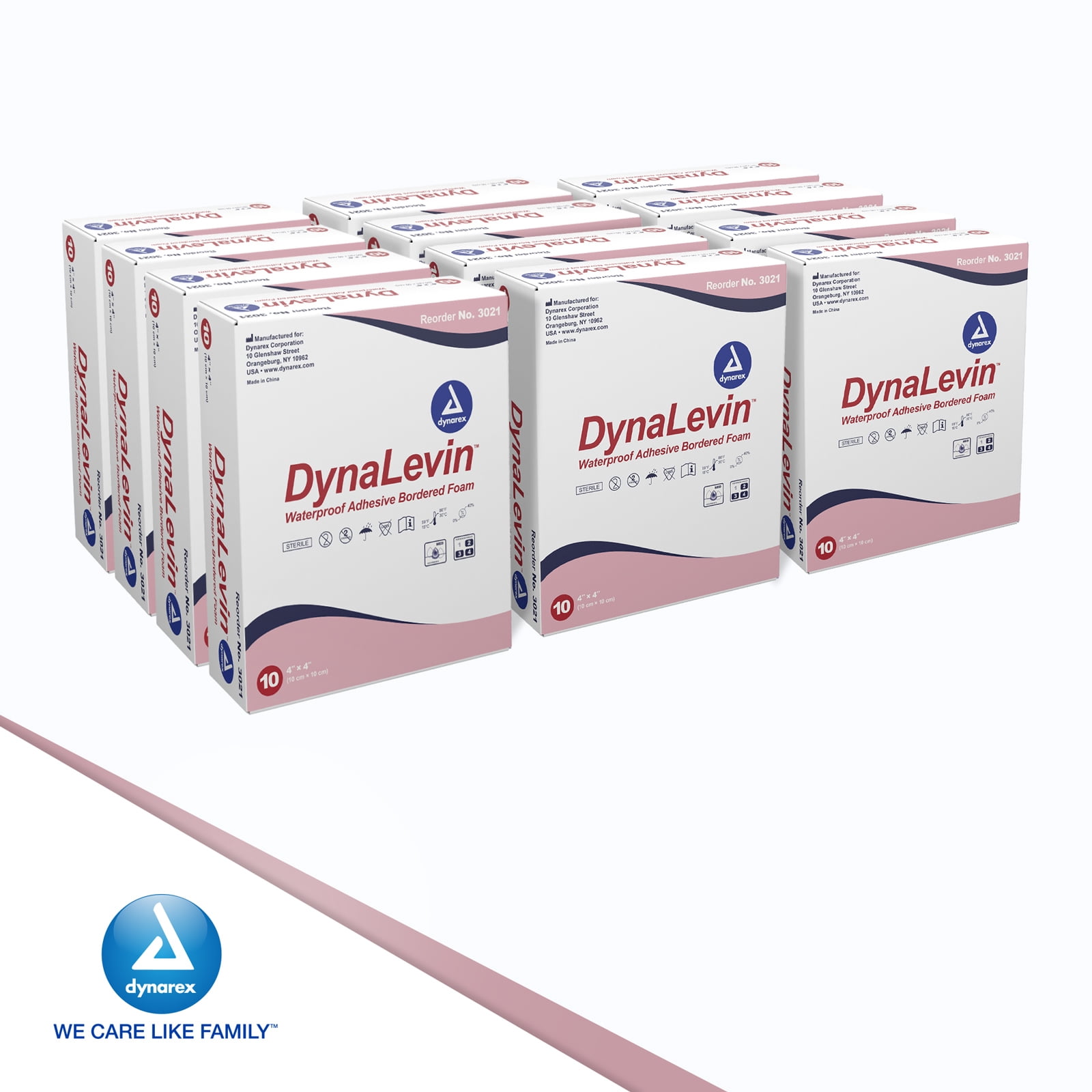 Dynarex DynaLevin Waterproof Adhesive Bordered Foam Dressings - Zero Latex, Sterile, Medium-Absorbency - 4 x 4", 10 Bandages per Box, 12 Boxes per Case