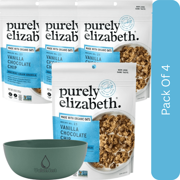 Purely Elizabeth Ancient Grain Granola, Vanilla Chocolate Chip, 10 oz Bag-4pk, With Olive Green Bowl By ValueNest