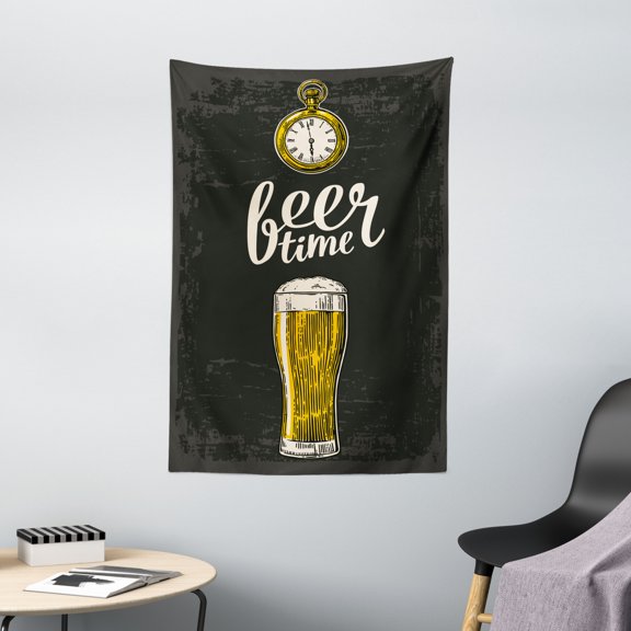 Modern Tapestry, Beer Time Typography with Glass and Old Antique Watch Lifestyle Illustration, Wall Hanging for Bedroom Living Room Dorm Decor, 40W X 60L Inches, Yellow Cream Grey, by Ambesonne