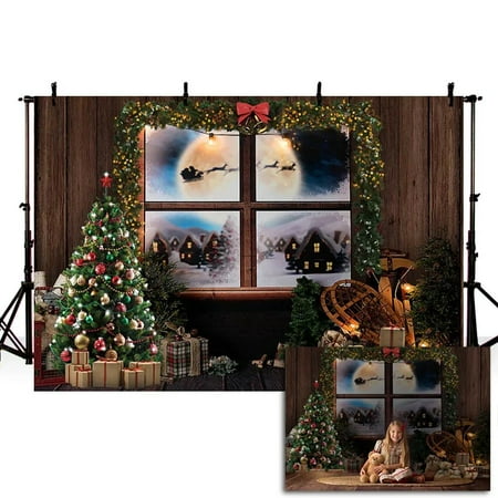 Image of Mehofond Rural Christmas Window Backdrop Deer Glitter Moon Dark Wood Wall Tree Gift Photography Background for Photocall X-mas