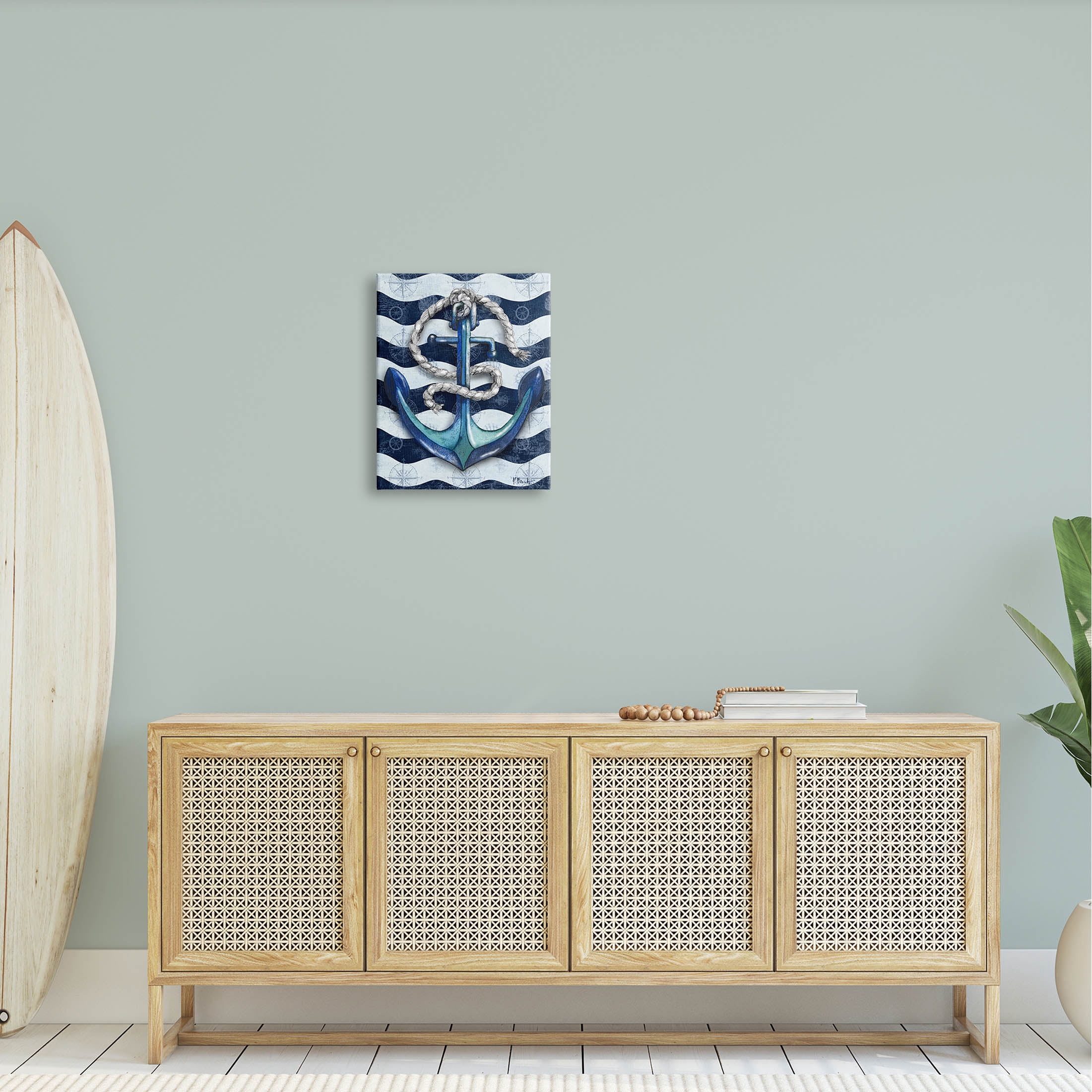 Stupell Industries Nautical Anchor Wavy Navy Stripes Graphic Art Gallery Wrapped Canvas Print Wall Art, Design by Paul Brent