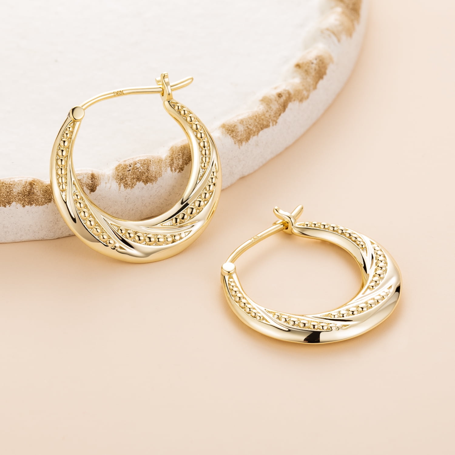 Elegant 14K Gold Hoop Earrings for Women Lightweight Small Gold Hoops with Textured Bead Detail, Hypoallergenic 22mm Huggie Style Gold  Plated Earrings, Everyday Jewelry Gift for Her