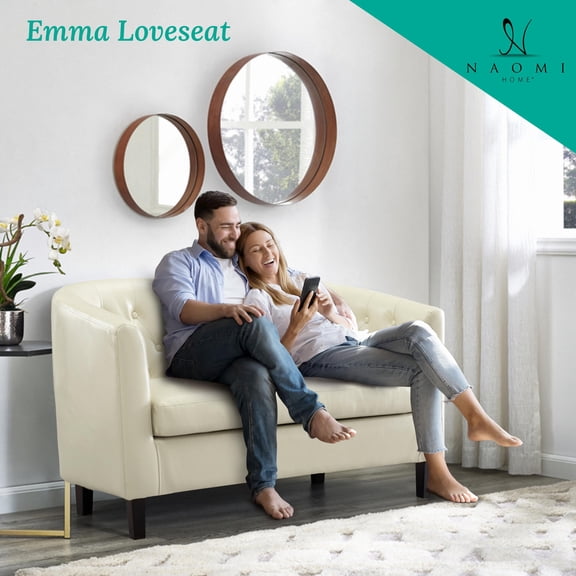 Emma Loveseat, Button Tufted Faux Leather Barrel Sofa, Mid-Century Modern 2-Seater Couch – Cream