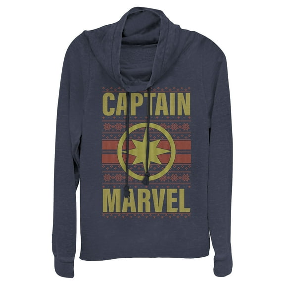 Junior's Marvel Ugly Christmas Captain Marvel  Cowl Neck Sweatshirt Navy Blue Large