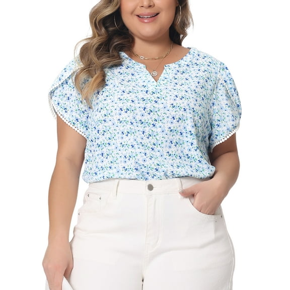 Agnes Orinda Women's Plus Size Easter Tops Floral V Neck Tulip Short Sleeve Blouses Summer Tunic Tops 2X Blue