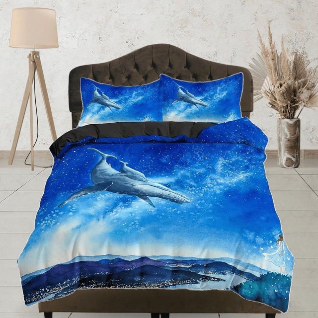 Ropa de cama ballena voladora funda nórdica azul cielo, juego de cama galaxia full king queen