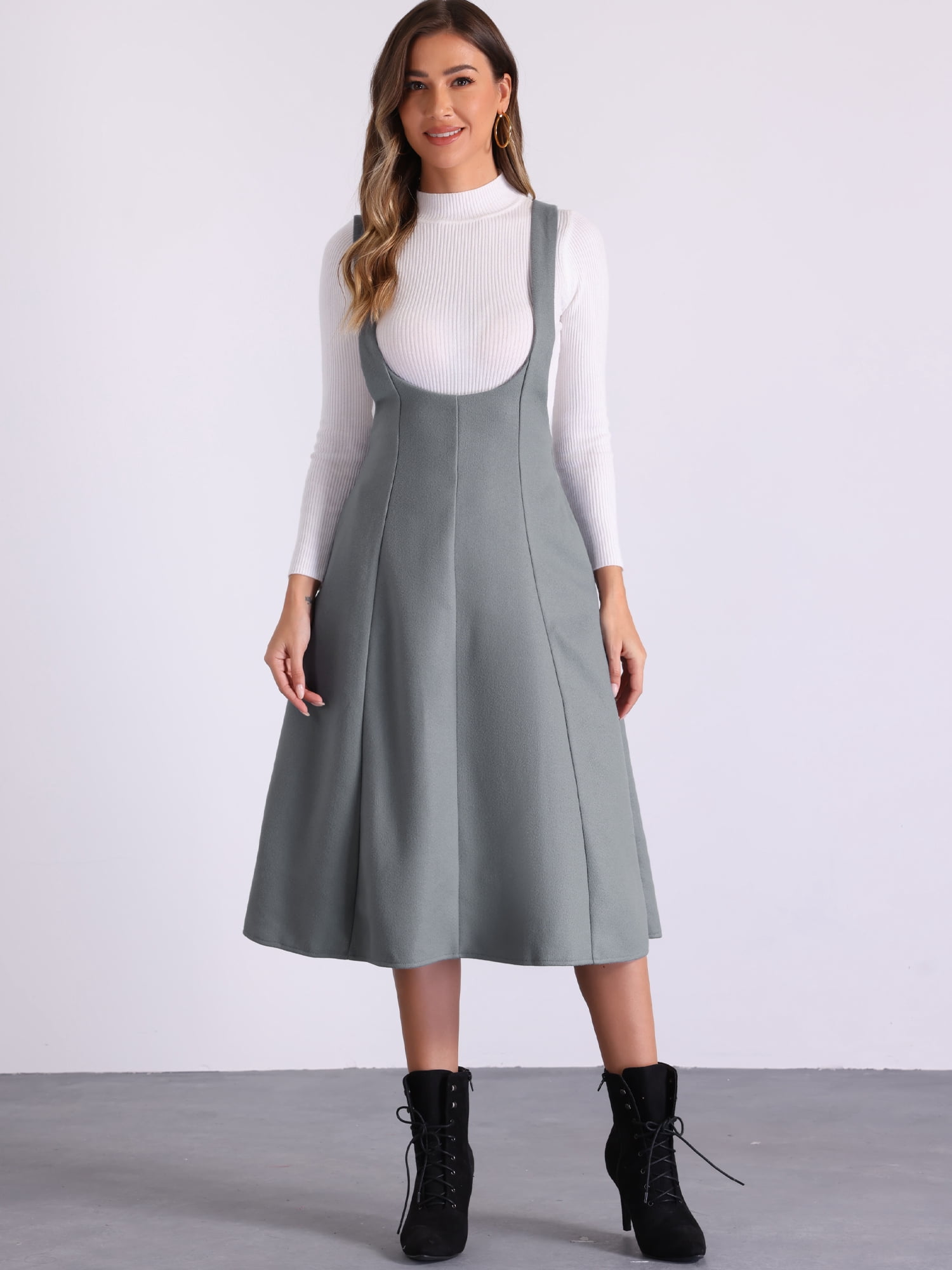 DARING DIVA Women's Cross Back A Line Elegant Overall Pinafore Dress L Dark Grey