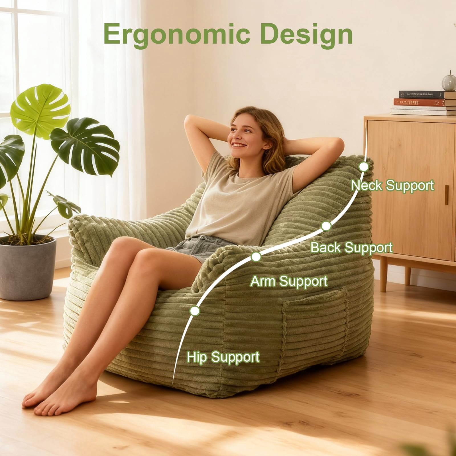 Peispie Giant Bean Bag Chair for Adults, Wide Seat Comfy Corduroy Floor Sofa with Armrests, Shredded Memory Foam Lazy Lounger, Oversized Gaming & Reading Chair for Bedroom 400LBS, Green