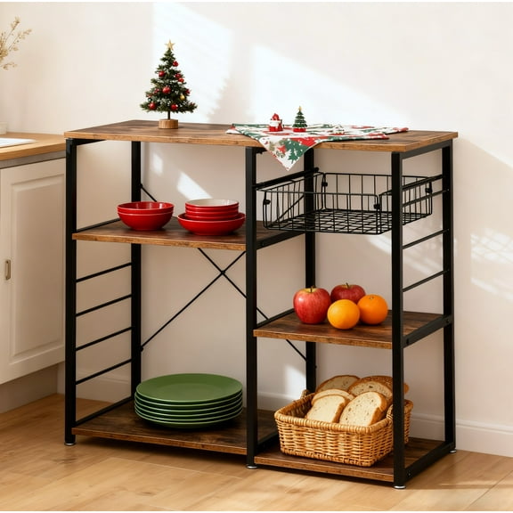 Ktaxon Modern Kitchen Baker's Rack with Storage and Hooks, 4-Tier Microwave Cart & Oven Stand, Rustic Brown