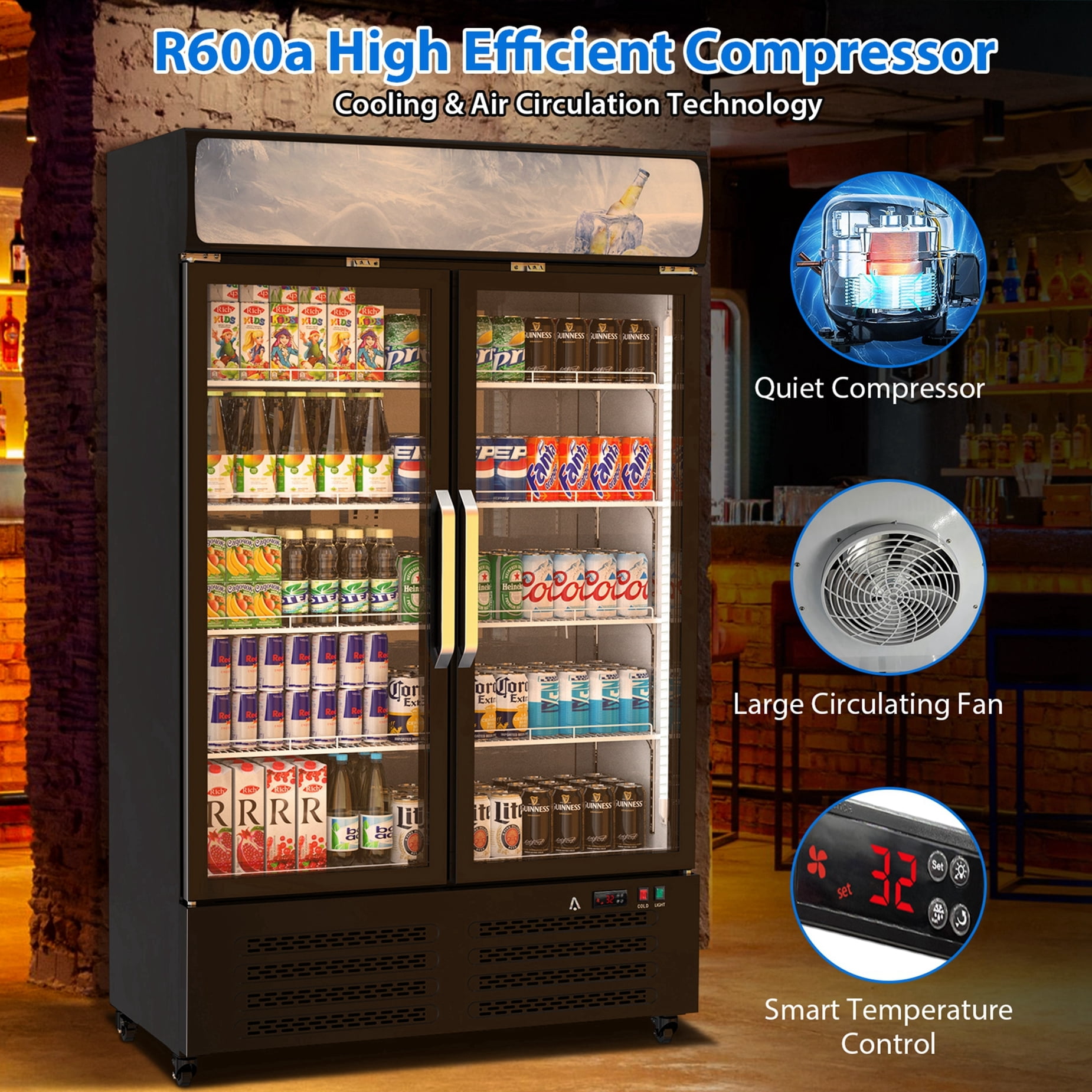 Adoolla 25 Cu.Ft. Double Glass Door Commercial Upright Merchandiser Display Refrigerator with Adjustable Shelves & Lightbox