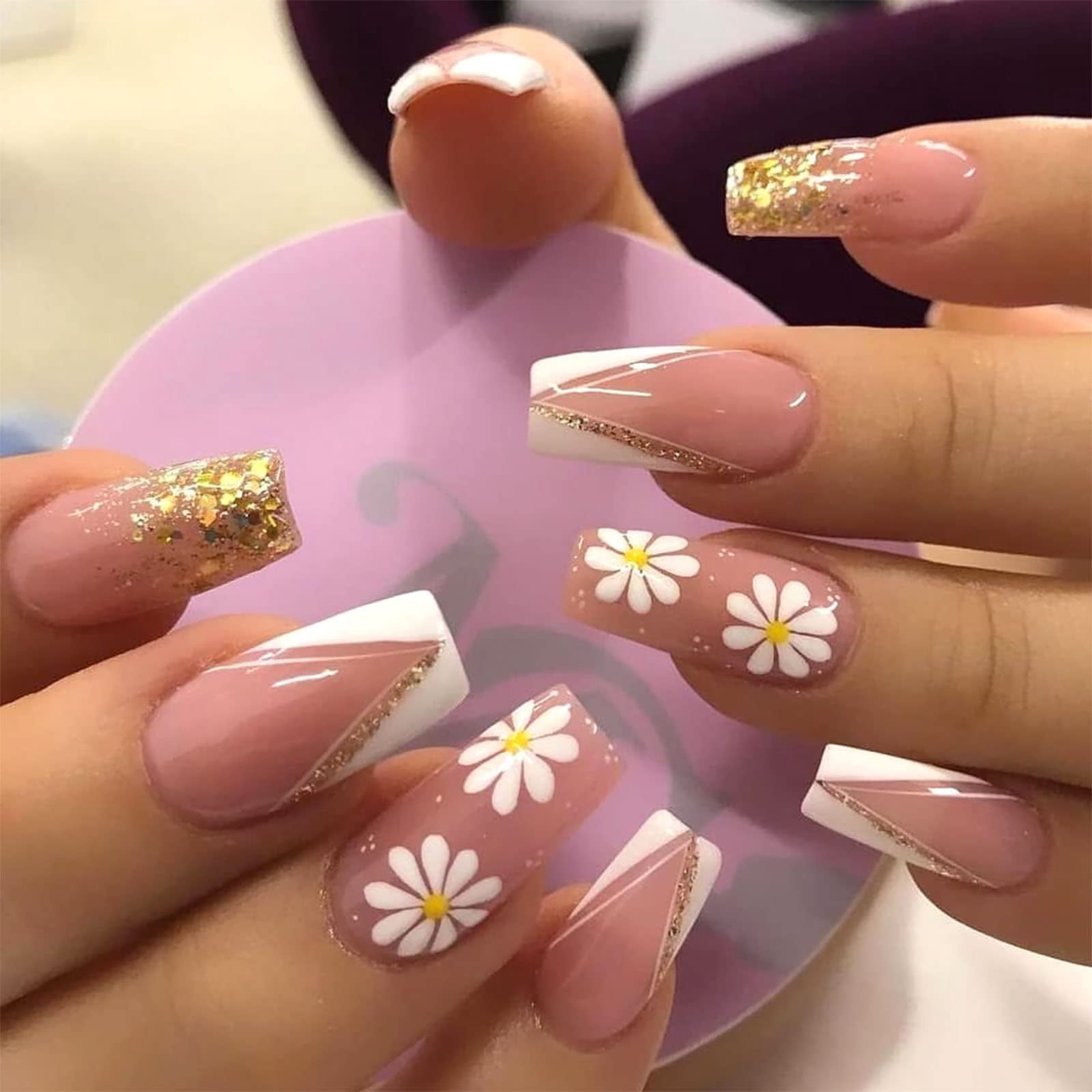 Ongles Artificiels Auto-adhésifs Press-on - 24 Pièces Fini Gel Scintillant, Forme Ballerine